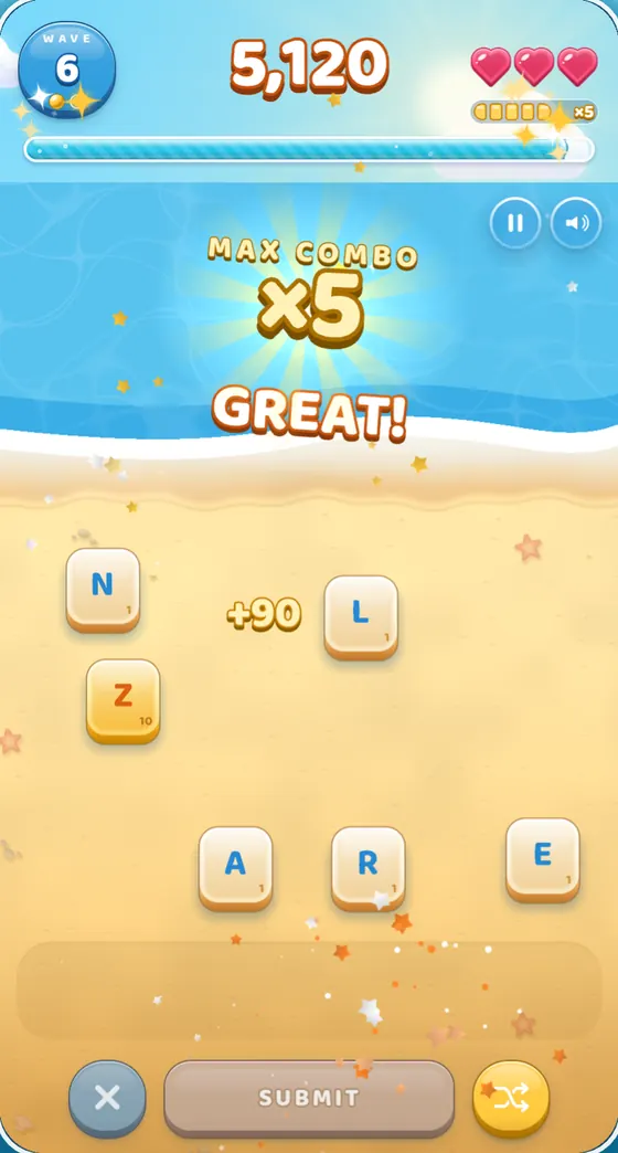 Tidewords combo: a MAX COMBO x5 callout bursting over the sea after a fifteenth valid word in a row, with the combo meter full