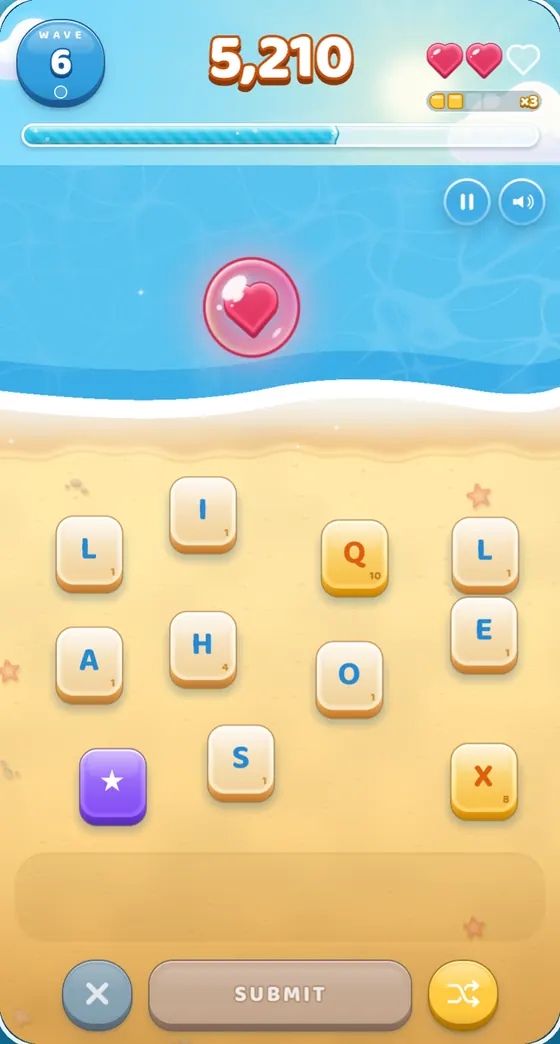 Tidewords power-ups: a heart bubble floating in the sea to win back a life, and a purple wildcard star tile on the sand that plays as any letter