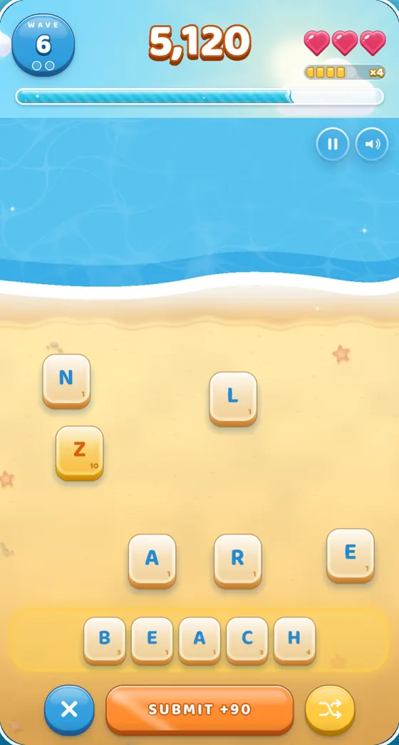 Tidewords gameplay at wave 6: the tiles B, E, A, C and H lined up to spell BEACH, the submit button showing +90 points, three hearts and the combo meter at x4